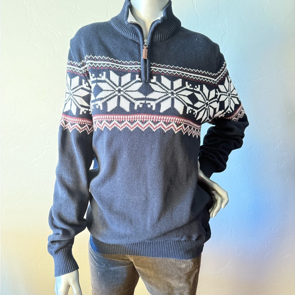 Aspen‎ Navy Snowflake Ski Aspen Nordic Fair Isle Cabin Zip Polo Cotton Sweater